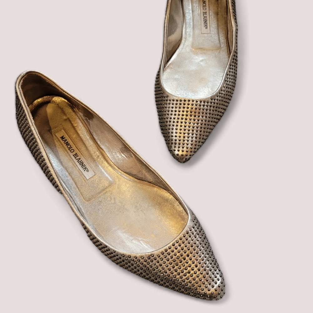 Manolo Blahnik Metallic Leather Studded Pointed Toe Flats